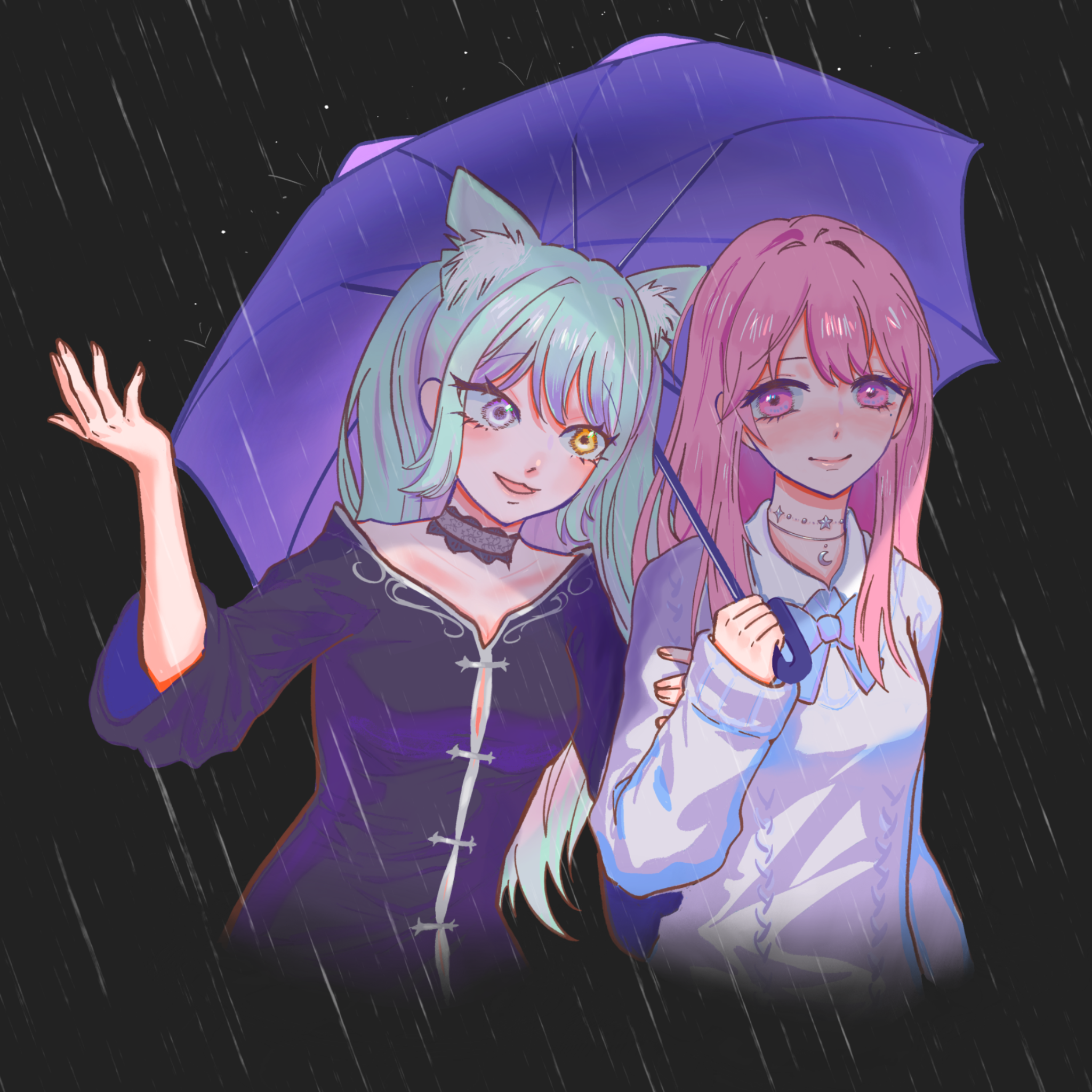 兩位女孩在雨中的紫色傘下，色彩繽紛的委託畫作